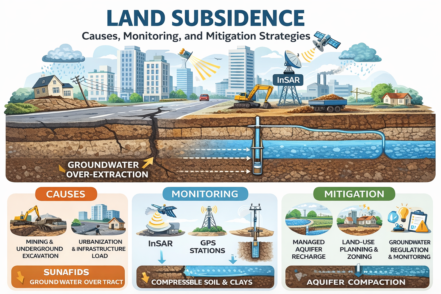 Land Subsidence: Causes, Monitoring Techniques, Impacts, and Mitigation Strategies